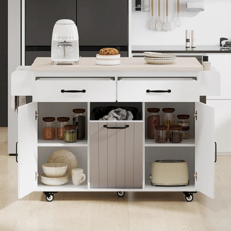 Kitchen Island with Trash Can Storage Cabinet, Rolling Kitchen Island on Wheels with Adjustable Shelf, Drop Leaf & Drawer