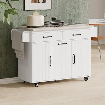 Kitchen Island with Trash Can Storage Cabinet, Rolling Kitchen Island on Wheels with Adjustable Shelf, Drop Leaf & Drawer