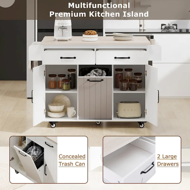Kitchen Island with Trash Can Storage Cabinet, Rolling Kitchen Island on Wheels with Adjustable Shelf, Drop Leaf & Drawer