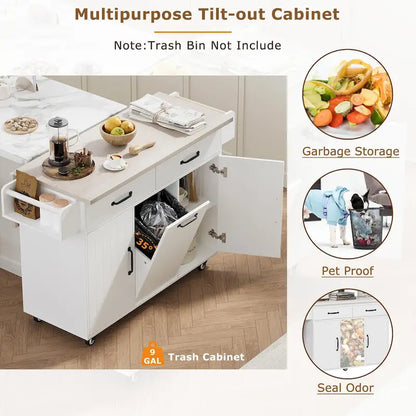 Kitchen Island with Trash Can Storage Cabinet, Rolling Kitchen Island on Wheels with Adjustable Shelf, Drop Leaf & Drawer