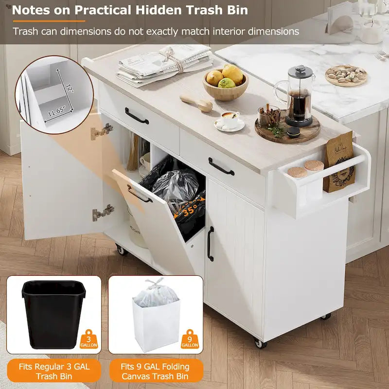 Kitchen Island with Trash Can Storage Cabinet, Rolling Kitchen Island on Wheels with Adjustable Shelf, Drop Leaf & Drawer
