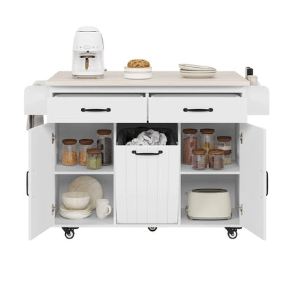 Kitchen Island with Trash Can Storage Cabinet, Rolling Kitchen Island on Wheels with Adjustable Shelf, Drop Leaf & Drawer