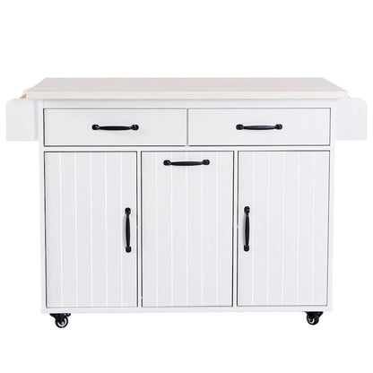 Kitchen Island with Trash Can Storage Cabinet, Rolling Kitchen Island on Wheels with Adjustable Shelf, Drop Leaf & Drawer