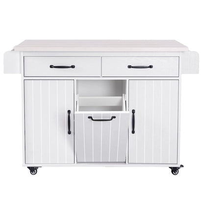 Kitchen Island with Trash Can Storage Cabinet, Rolling Kitchen Island on Wheels with Adjustable Shelf, Drop Leaf & Drawer
