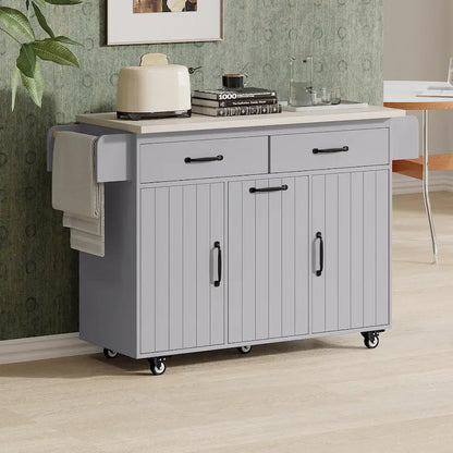 Kitchen Island with Trash Can Storage Cabinet, Rolling Kitchen Island on Wheels with Adjustable Shelf, Drop Leaf & Drawer