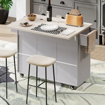 Kitchen Island with Trash Can Storage Cabinet, Rolling Kitchen Island on Wheels with Adjustable Shelf, Drop Leaf & Drawer