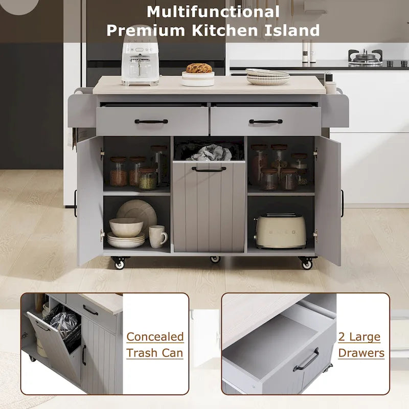 Kitchen Island with Trash Can Storage Cabinet, Rolling Kitchen Island on Wheels with Adjustable Shelf, Drop Leaf & Drawer