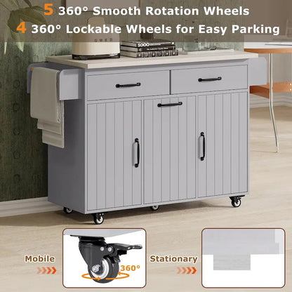 Kitchen Island with Trash Can Storage Cabinet, Rolling Kitchen Island on Wheels with Adjustable Shelf, Drop Leaf & Drawer