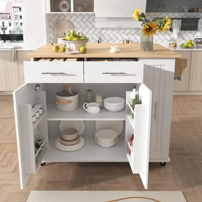 Rolling Kitchen Island Cart, Kitchen Island with 3 Tier Pull Out Cabinet, Portable Trolley Island with Drop Leaf & 2 Drawers