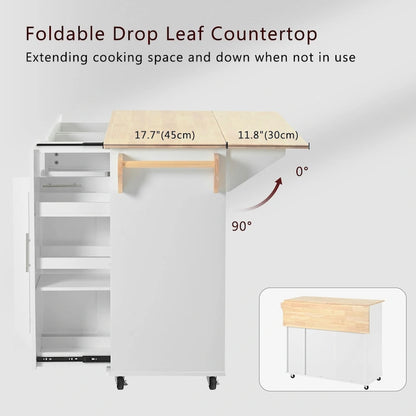 Rolling Kitchen Island Cart, Kitchen Island with 3 Tier Pull Out Cabinet, Portable Trolley Island with Drop Leaf & 2 Drawers