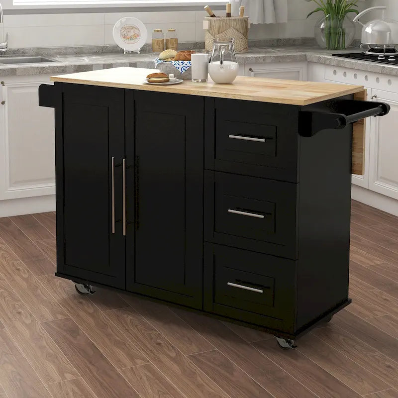 Large Farmhouse Kitchen Island Modern Mobile Kitchen Island Spice Rack Towel Rack and Extendable Solid Wood Table Top