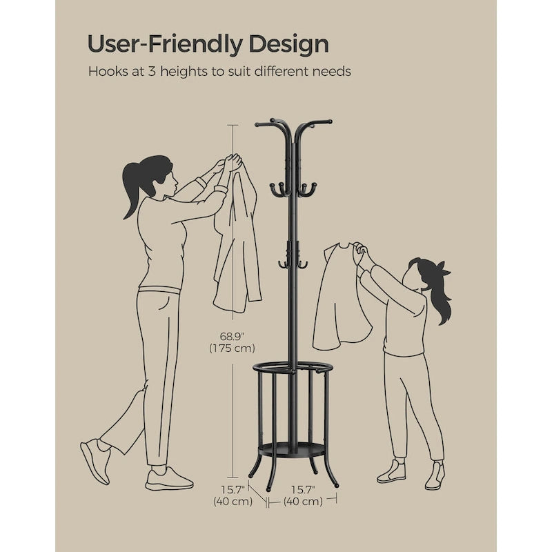 Modern Tall Freestanding Coat Rack with Metal Frame and Umbrella Holder for Home and Office - 15.7 D x 15.7 W x 68.9 H