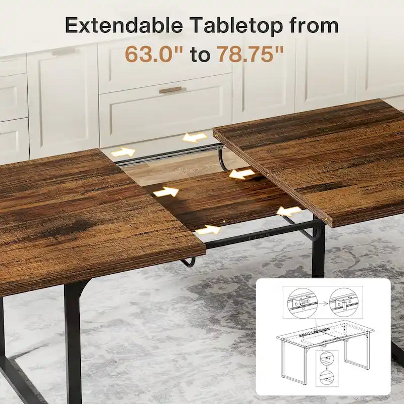 Extendable Dining Room Table for 6-8 people, Wood Rectangular Dinner Table with Metal Frame