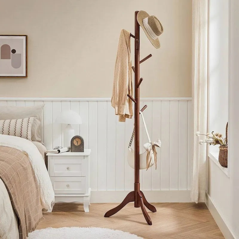 Solid Wood Modern Coat Rack, 8 Hooks, 53 lb Capacity, Adjustable 3-Section Design with Triangular Base
