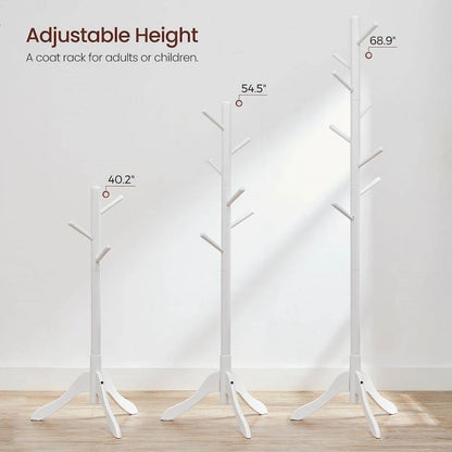 Solid Wood Modern Coat Rack, 8 Hooks, 53 lb Capacity, Adjustable 3-Section Design with Triangular Base