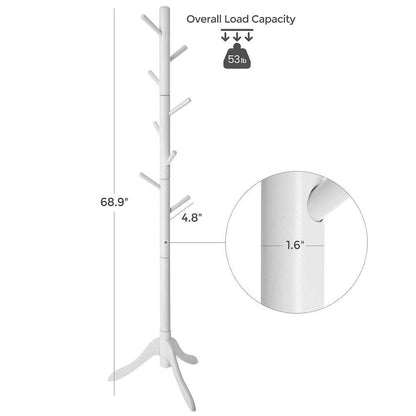 Solid Wood Modern Coat Rack, 8 Hooks, 53 lb Capacity, Adjustable 3-Section Design with Triangular Base