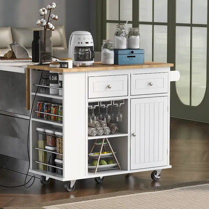 Roomfitters Kitchen Island with Power Outlet, Kitchen Storage Island with Drop Leaf and Rubber Wood, 5 Wheels