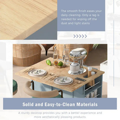 Roomfitters Kitchen Island with Power Outlet, Kitchen Storage Island with Drop Leaf and Rubber Wood, 5 Wheels
