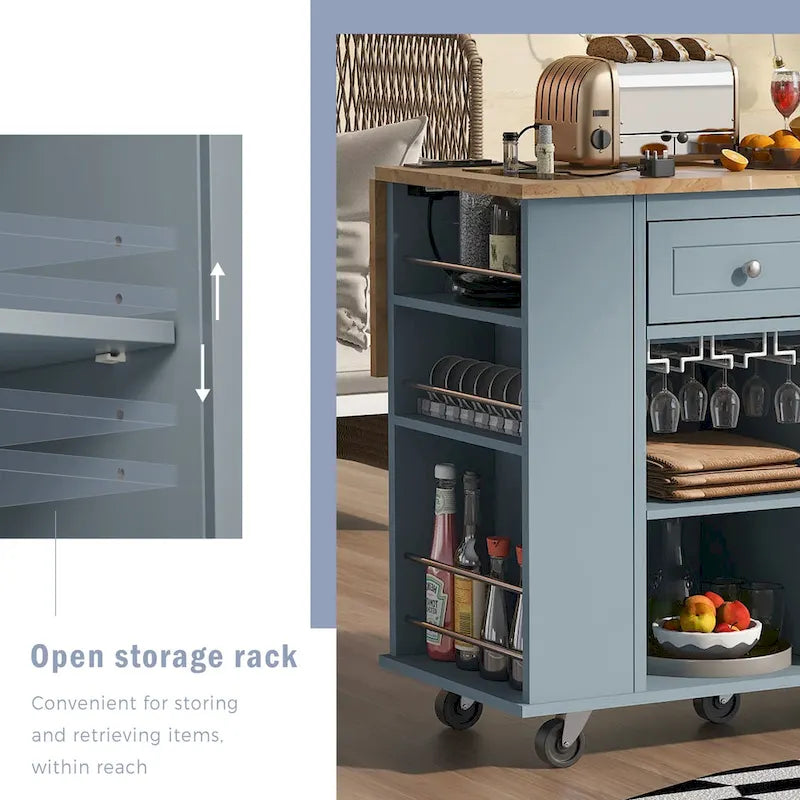 Roomfitters Kitchen Island with Power Outlet, Kitchen Storage Island with Drop Leaf and Rubber Wood, 5 Wheels