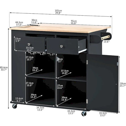 Roomfitters Kitchen Island with Power Outlet, Kitchen Storage Island with Drop Leaf and Rubber Wood, 5 Wheels