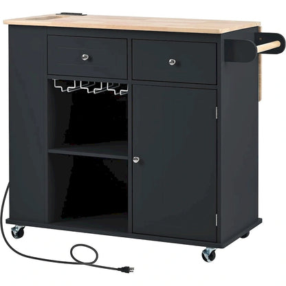 Roomfitters Kitchen Island with Power Outlet, Kitchen Storage Island with Drop Leaf and Rubber Wood, 5 Wheels