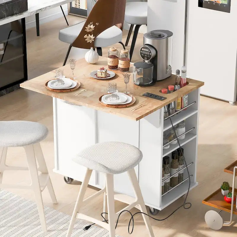 Roomfitters Kitchen Island with Power Outlet, Kitchen Storage Island with Drop Leaf and Rubber Wood, 5 Wheels