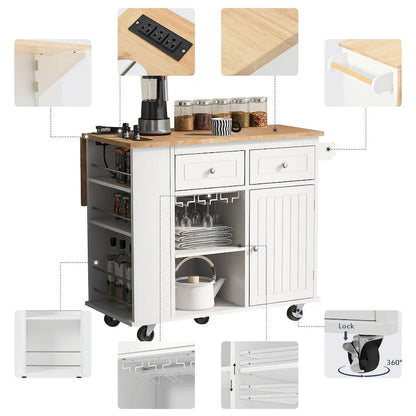 Roomfitters Kitchen Island with Power Outlet, Kitchen Storage Island with Drop Leaf and Rubber Wood, 5 Wheels