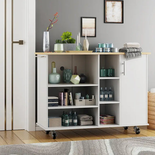 Futzca 47W Kitchen Storage Island Cart with 6 Open Shelves and 1 Cabinet
