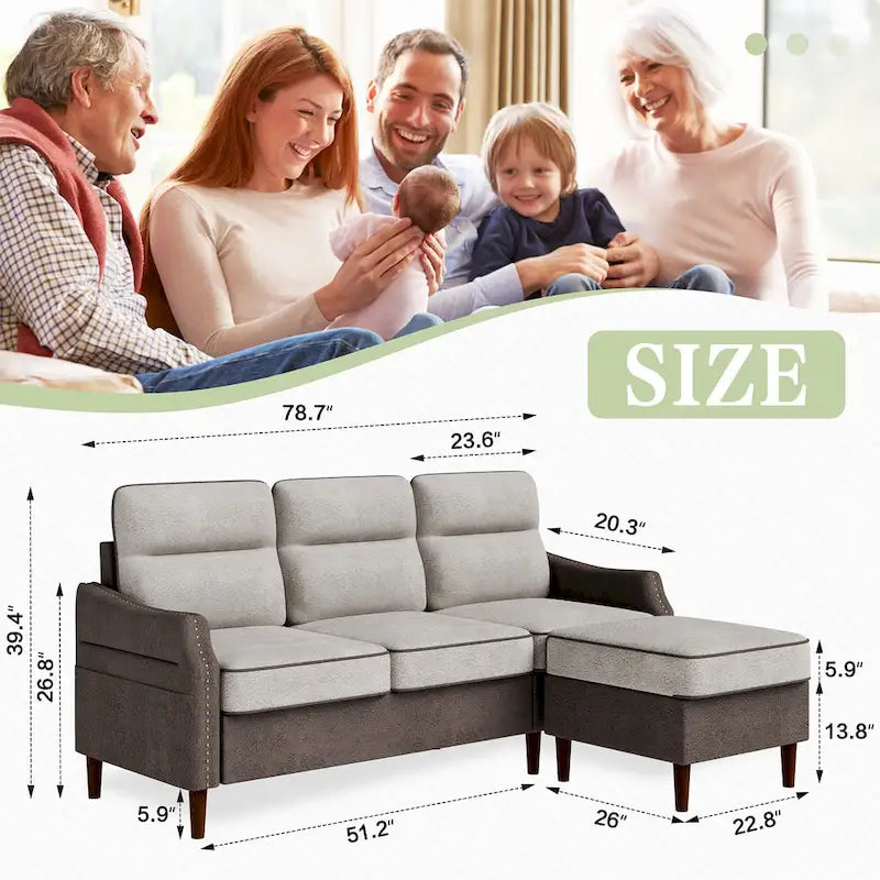 Futzca 78 L Shaped Sofa Couch with Ottoman and Side Storage Bag