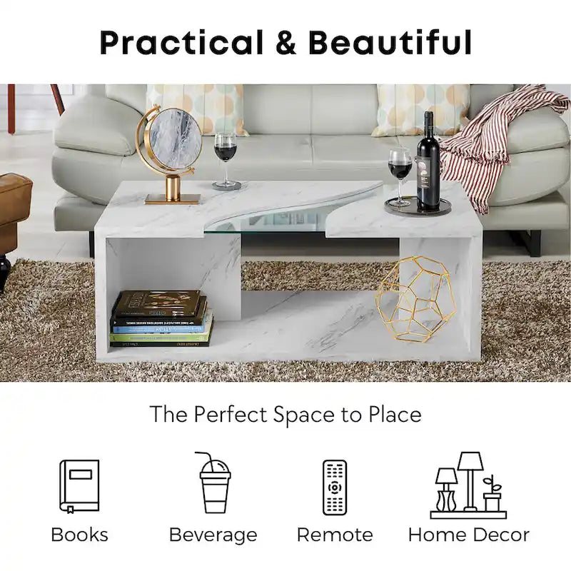 Kobe Modern Faux Marble Veneer Coffee Table with Shelf by Furniture of America