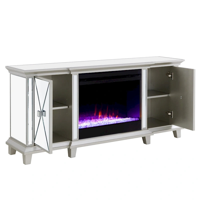 SEI Furniture Mirrored Media TV Stand with Color Changing Fireplace Insert for TV's up to 62