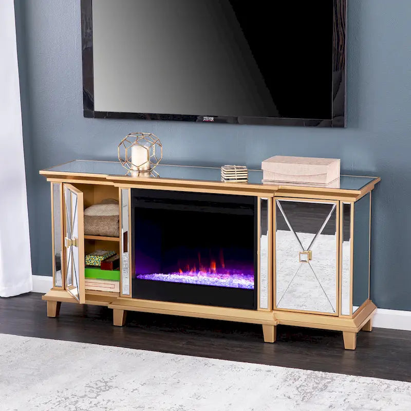 SEI Furniture Mirrored Media TV Stand with Color Changing Fireplace Insert for TV's up to 62