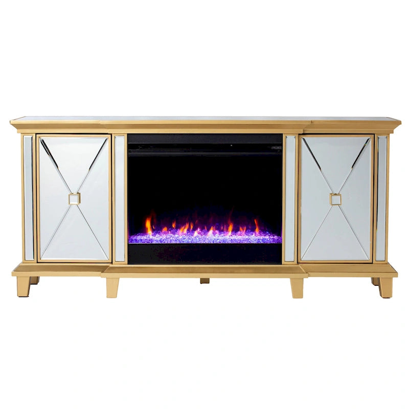 SEI Furniture Mirrored Media TV Stand with Color Changing Fireplace Insert for TV's up to 62