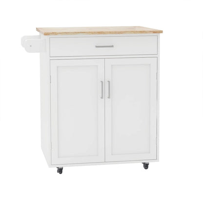 Rolling Kitchen Island Trolley Cart with Adjustable Shelves, Solid Wood Tabletop and Towel Rack