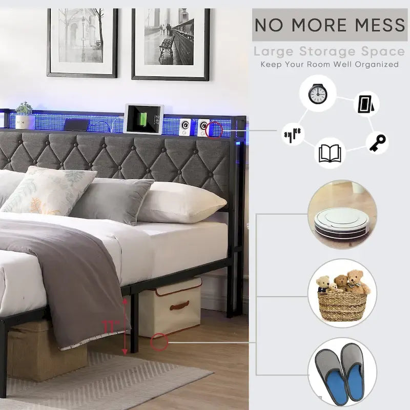 Dark Grey Full Bed with Storage Headboard, Charging Station and LED Lights