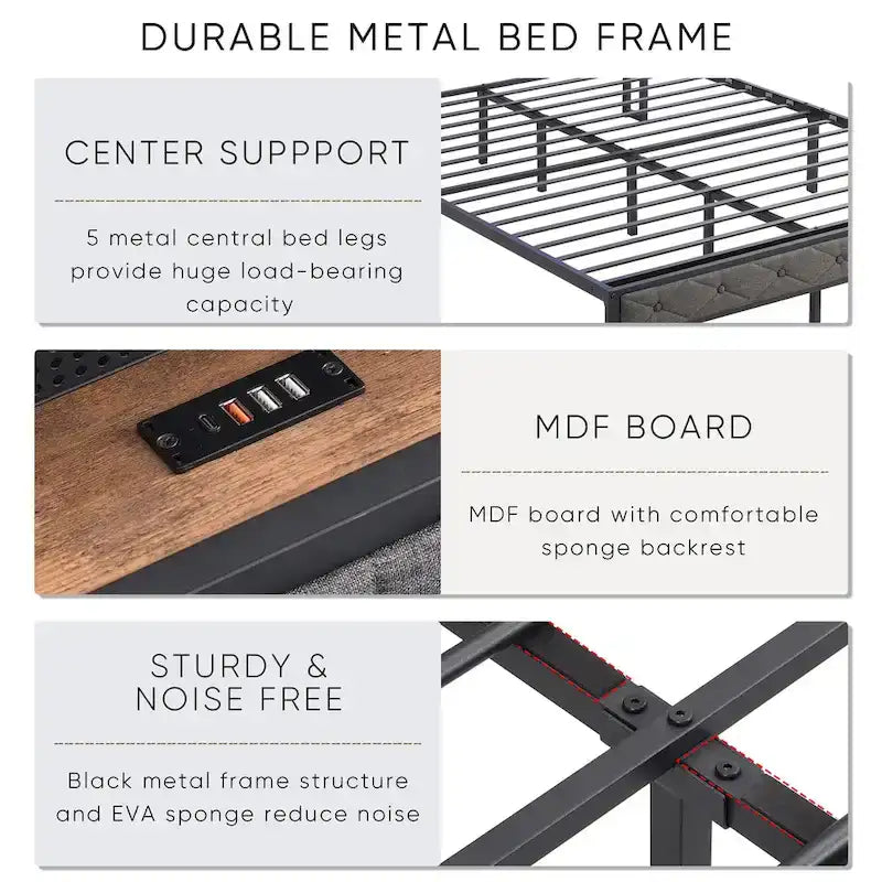 Dark Grey Full Bed with Storage Headboard, Charging Station and LED Lights