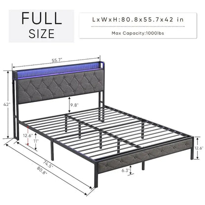 Dark Grey Full Bed with Storage Headboard, Charging Station and LED Lights