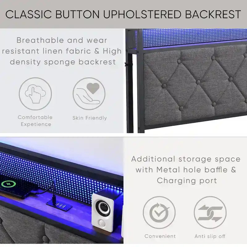 Dark Grey Full Bed with Storage Headboard, Charging Station and LED Lights