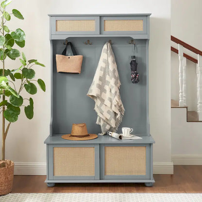 Hall Tree Entryway Bench with Rattan Door and Shoe Cabinets