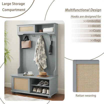 Hall Tree Entryway Bench with Rattan Door and Shoe Cabinets
