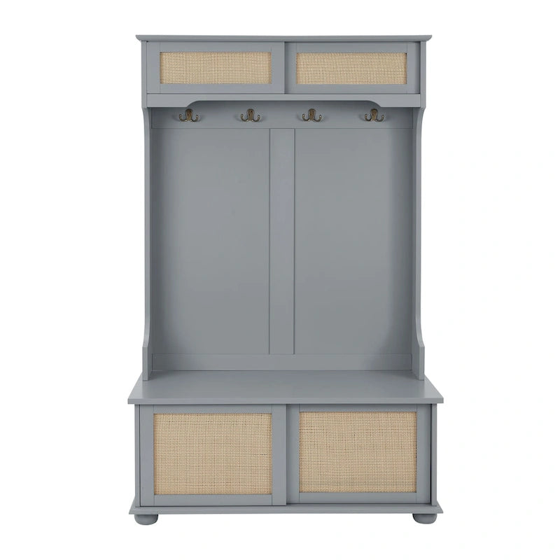 Hall Tree Entryway Bench with Rattan Door and Shoe Cabinets