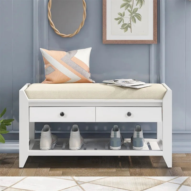 Merax Multipurpose Storage Bench Shoe Rack with Cushioned Seat and Drawers