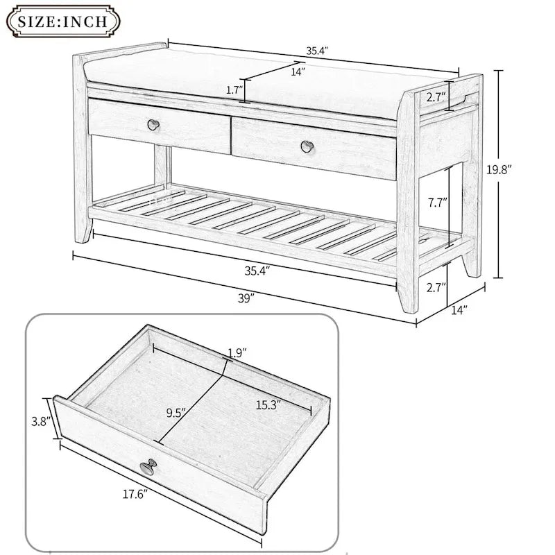 Merax Multipurpose Storage Bench Shoe Rack with Cushioned Seat and Drawers