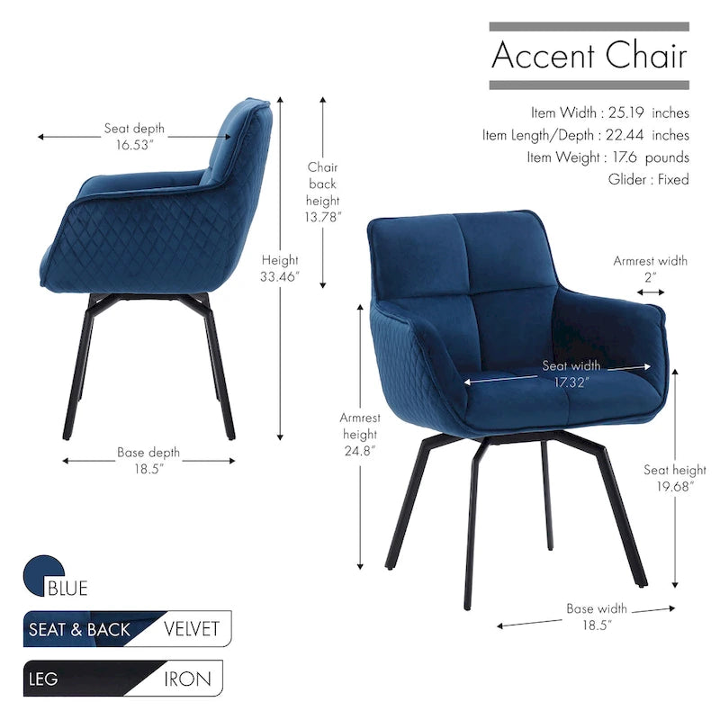 Velvet Swivel Accent Chair with Metal Legs - Single Seat
