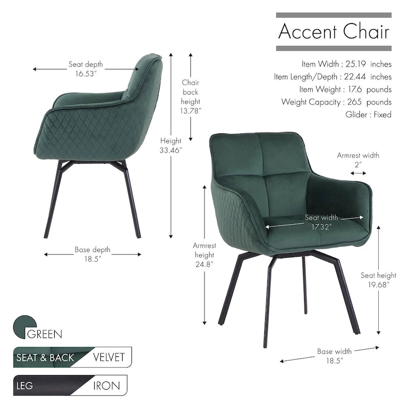 Velvet Swivel Accent Chair with Metal Legs - Single Seat