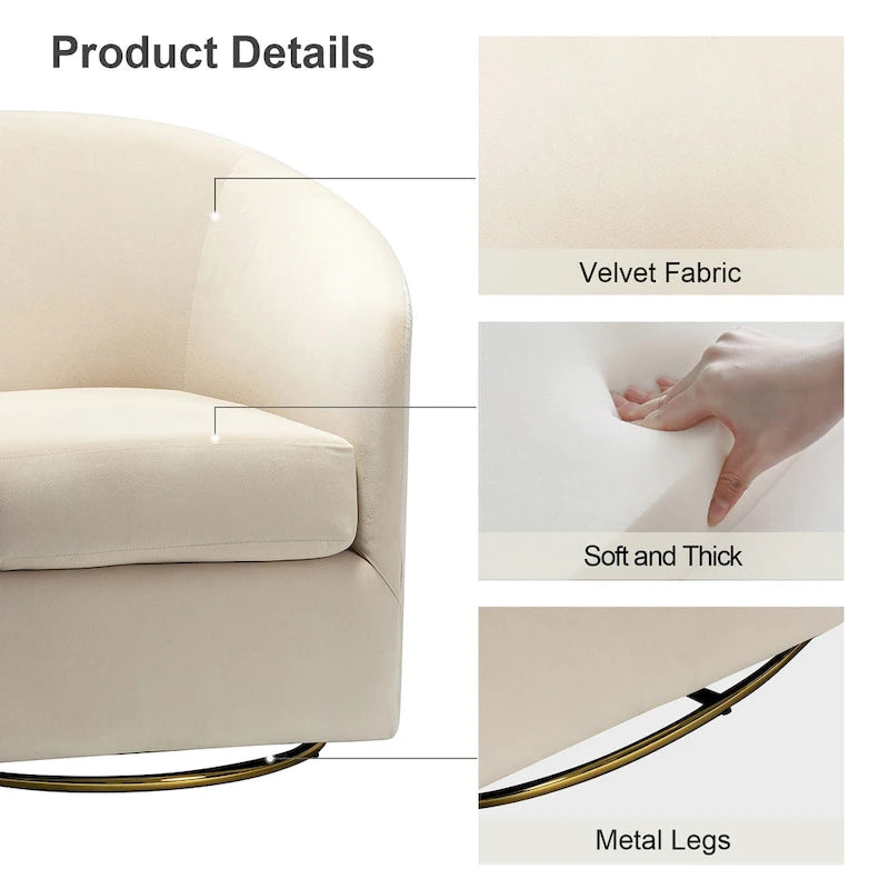 Velvet Curved Swivel Barrel Chair - Gold Base - Single Seat