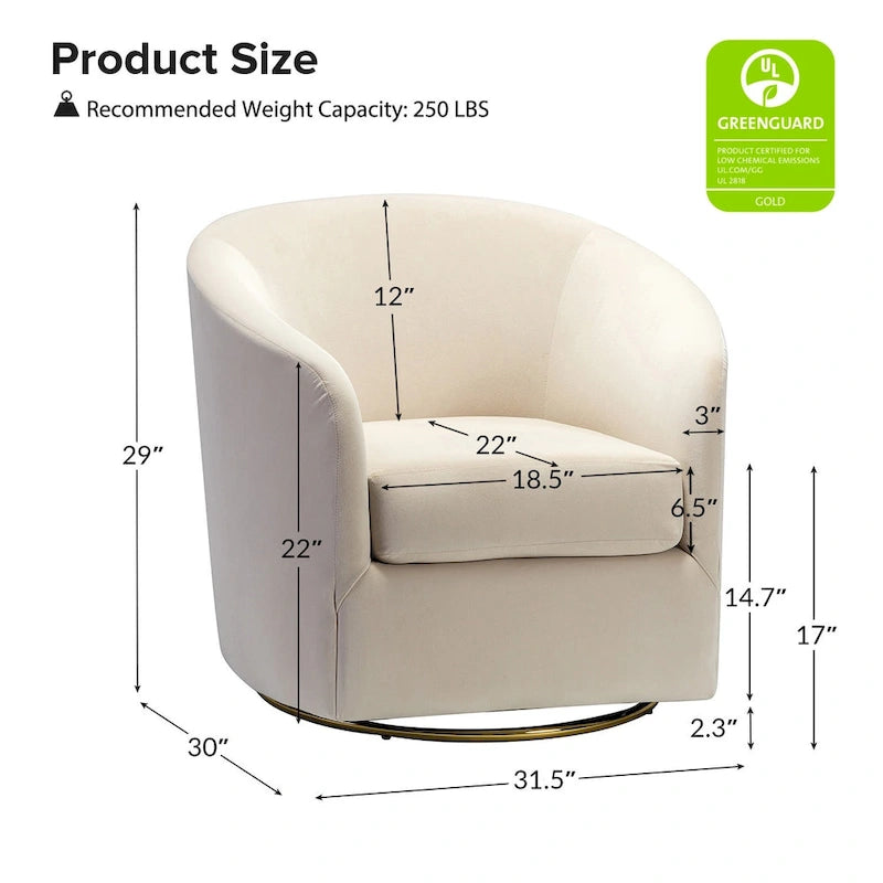 Velvet Curved Swivel Barrel Chair - Gold Base - Single Seat
