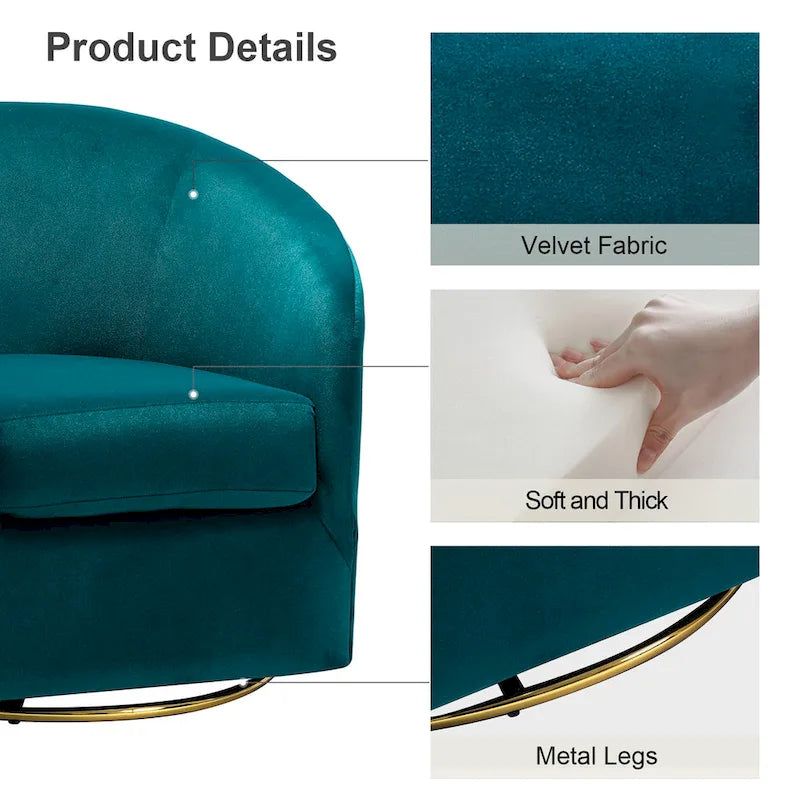 Velvet Curved Swivel Barrel Chair - Gold Base - Single Seat