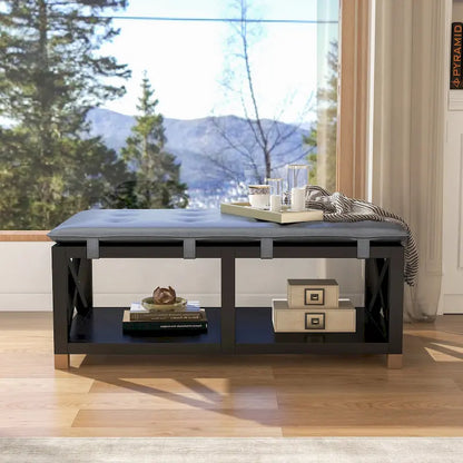 Transitional Wood Storage Bench with Removable Faux Leather Cushions by Furniture of America