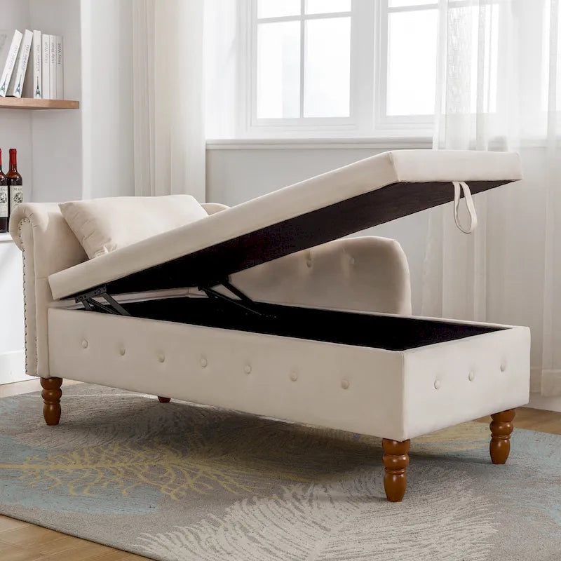 Chaise Lounge Indoor,Velvet Lounge Chair for Bedroom with Storage & Pillow,Modern Upholstered Rolled Arm Chase Lounge